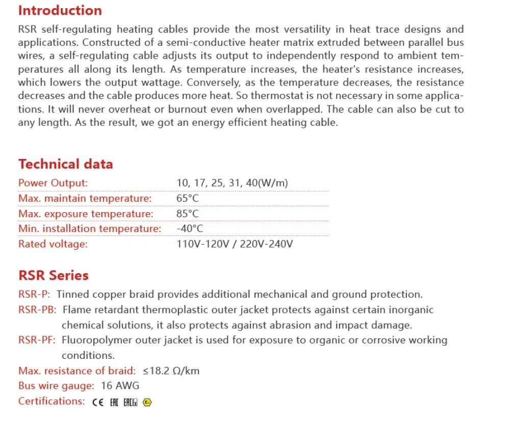 230V Heating Cable, Pipe Heating System, Frost Protection Heat Element, Thermostats, Radiant, Electric Self Regulating Heated Cable